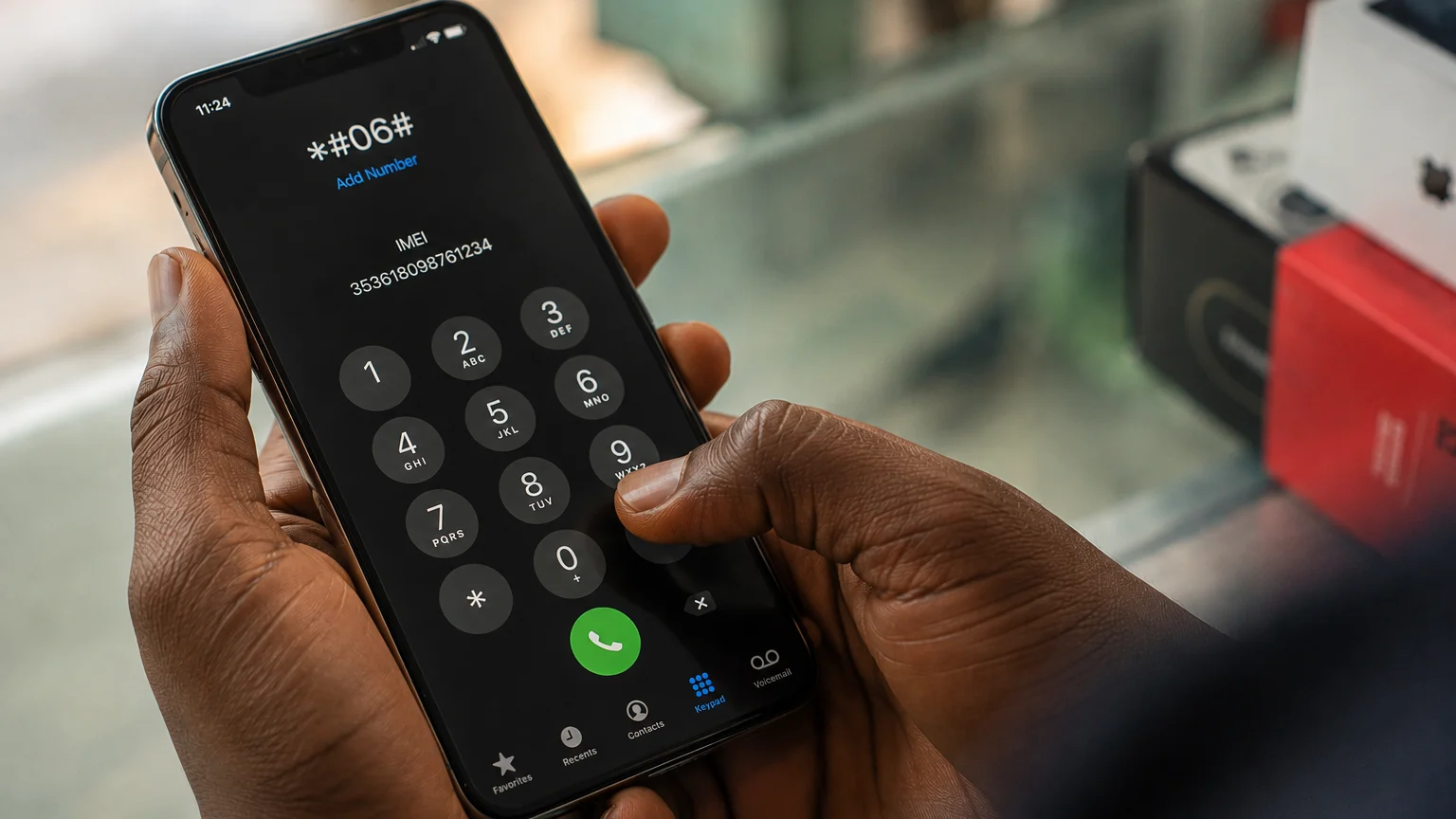 A phone held over a shop counter with the dialler open: *#06# has been typed and the device's IMEI number is displayed above the keypad.